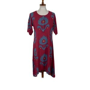Utsa Dress Large Red Short Sleeve Hi Low Boho Floral Viscose
